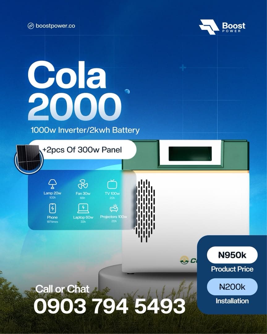 Cola 2000 solar generator: 1000W inverter, 2kWh battery, 2 × 300W panels